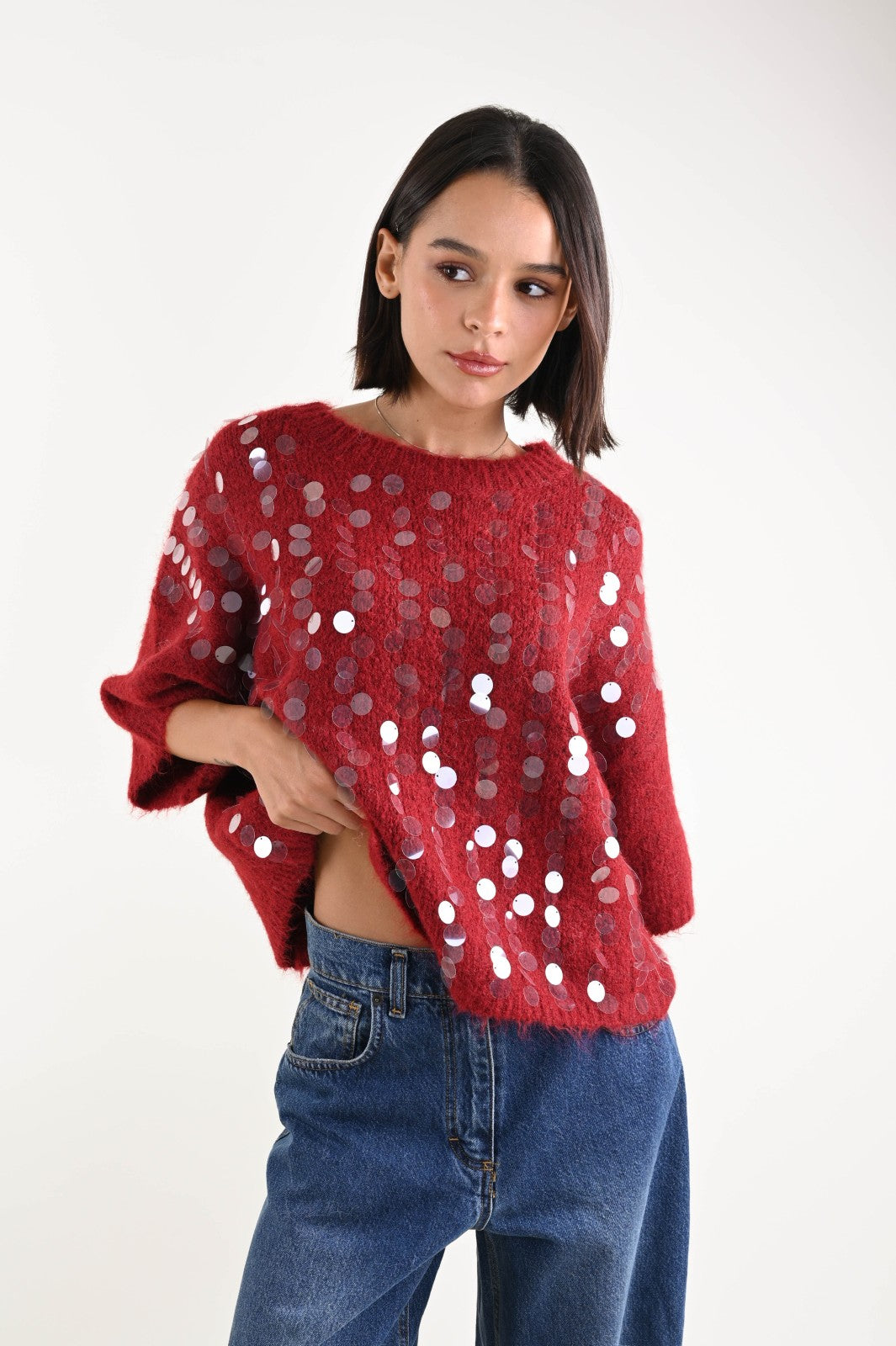 Maglioncino manica a 3/4 maxi paillettes