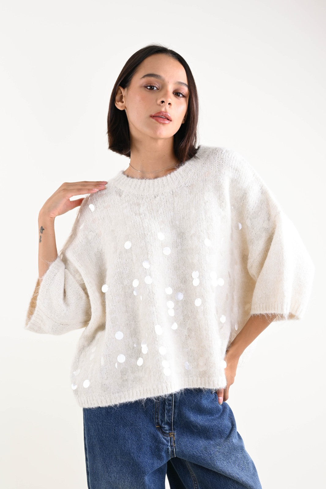 Maglioncino manica a 3/4 maxi paillettes