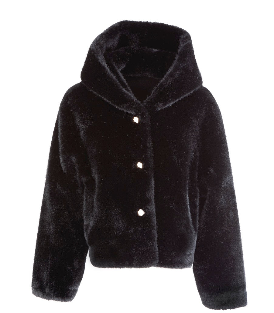 Cappotto in ecopelliccia con cappuccio