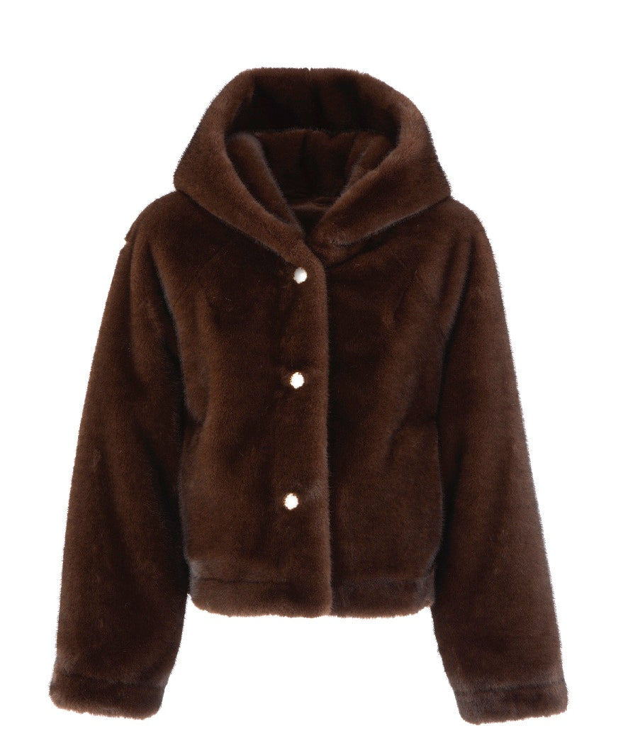 Cappotto in ecopelliccia con cappuccio