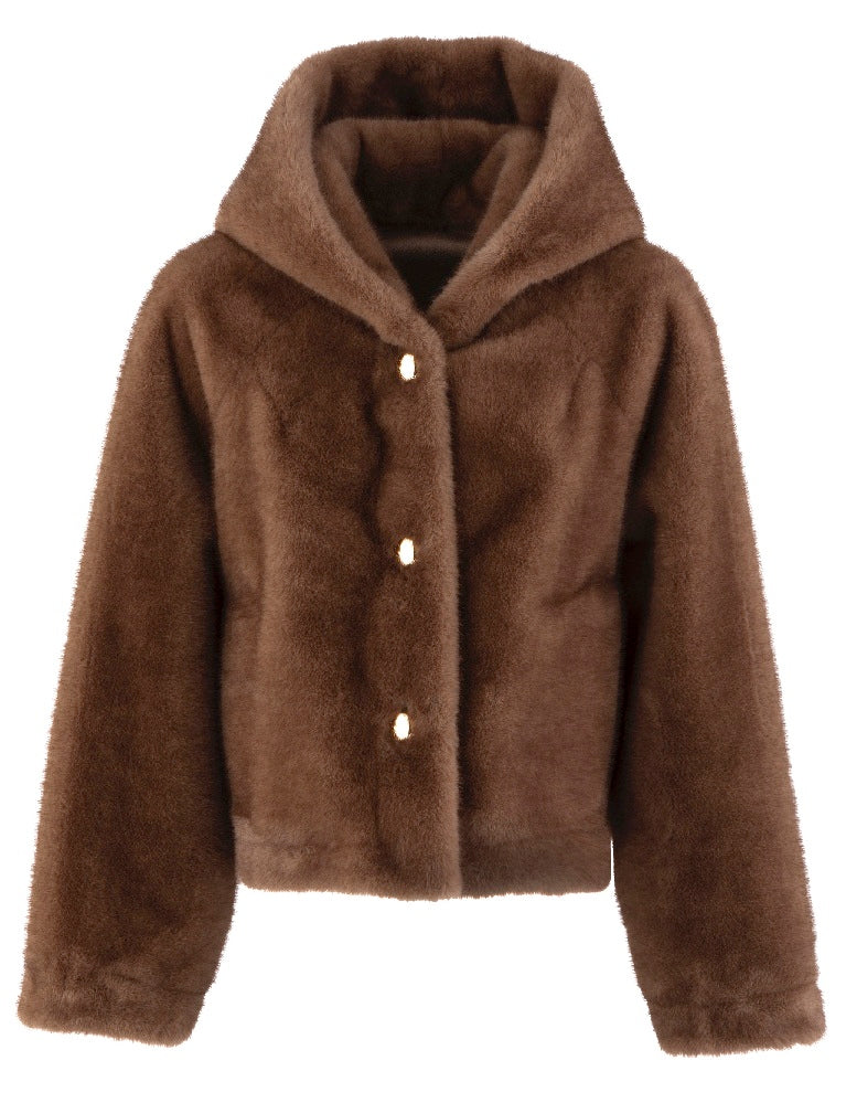 Cappotto in ecopelliccia con cappuccio