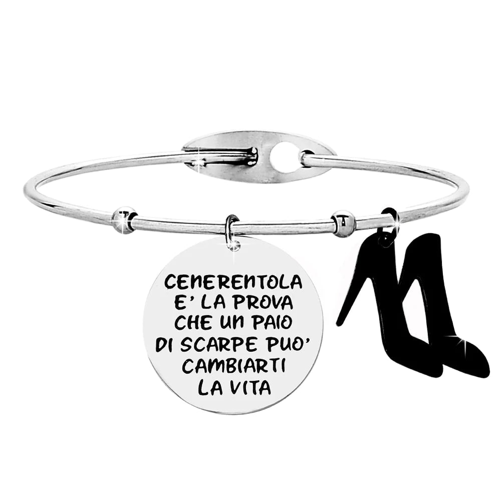 Bracciale rigido donna con charms e incisione - "Cenerentola è la prova.."